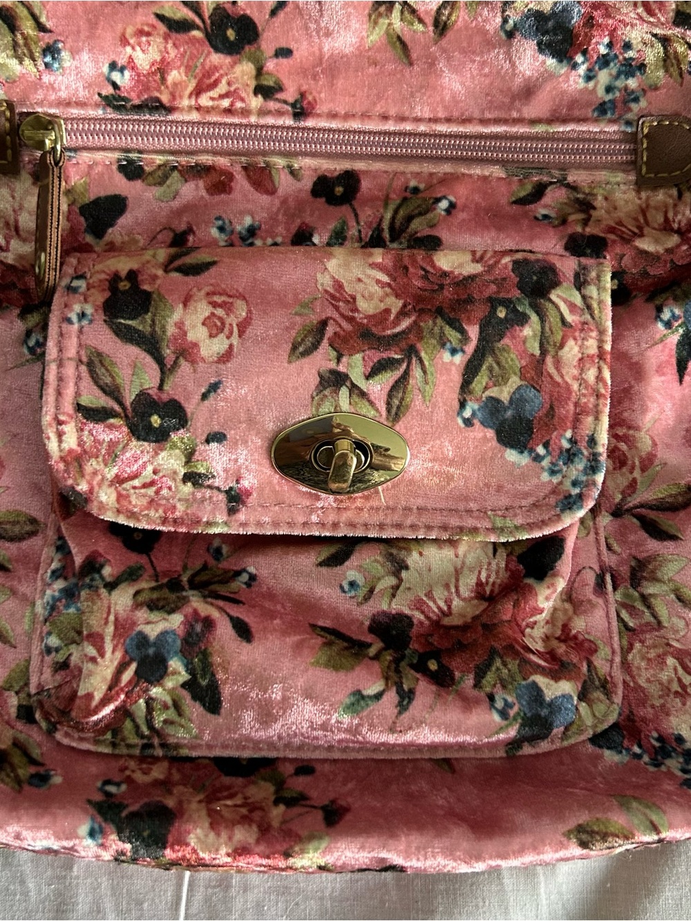 Velvet Crossbody Bag Purse Pink Floral Adjustable Shoulder Strap Zip Top Pockets - Picture 2 of 6
